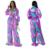 Printed 2PC Set Deep V Tie Front Long Sleeve Top and Pleated Pants