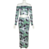 Print Green Long Sleeve off shoulder Crop Top Bodycon Long Skirt 2PCS Set