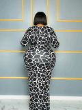 Plus Size Long Sleeve Print Bodycon Maxi Dress