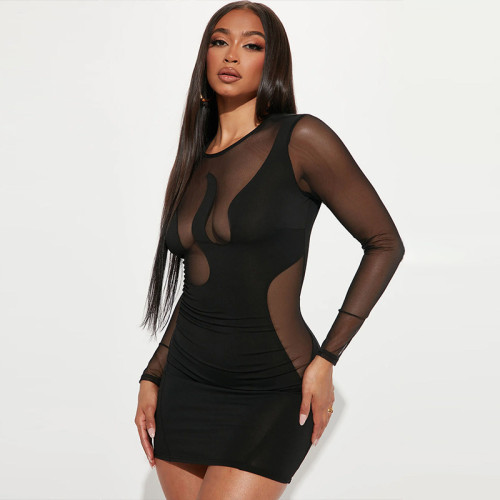 Sexy Mesh Patchwork Long Sleeve Bodycon Dress