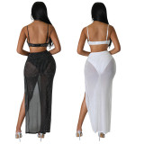 Sexy Mesh Rhinestone Bra Top and Long Slit Skirt Club 2PCS Set