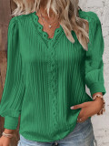 Solid Long Sleeve V Neck Lace Blouse