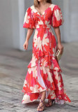Summer Floral Print Fashion V Neck Layered Maix Dress