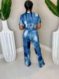 Fake Denim Print Long Sleeve Casual Plus Size Casual Jumpsuit for Women