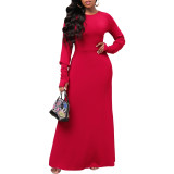 Sexy Red Round Neck Long Sleeve Maxi Dress