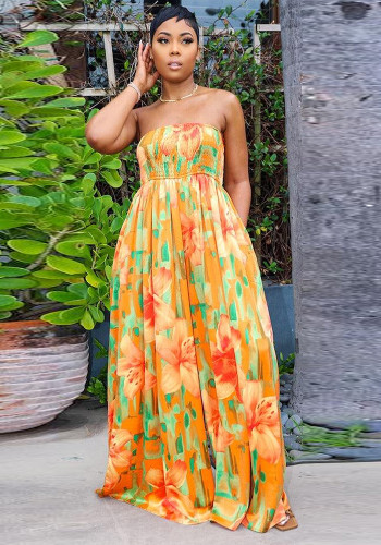 Floral Print Yellow Strapless Loose Wide Leg Jumpsuit