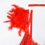 Feather Trim Lace Sexy Lingerie Set Womens Underwear