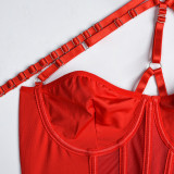 Mesh Patchwork Metal Trim Halter Neck Strappy Sexy lingerie set
