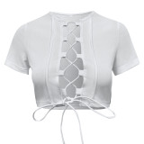 Sexy Hollow Lace-Up Hollow Out Short Sleeve Crop Top