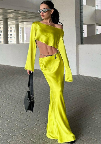 Fashion Chic Long Sleeve Crop Top Long Slim Skirt 2PCS Set
