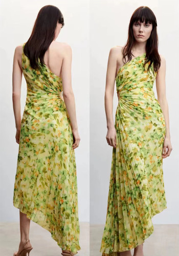 Print Slash Shoulder Floral Irregular Pleated Maxi Dress
