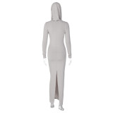Solid Hooded Back Slit Long Sleeve Slim Fit Maxi Dress