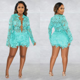 Sexy Hollow Solid Long-Sleeve Lace Shirt and Shorts 2PCS Set