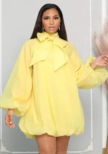 Bowknot Puff Sleeve Loose Casual Dress