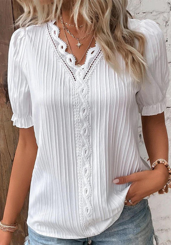 Fashion Hollow Lace Trim Short Sleeve Blouse For Women