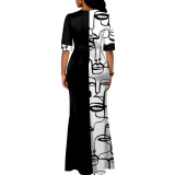 Sexy Character Print Patchwork Short Sleeve Slit Maxi Dress