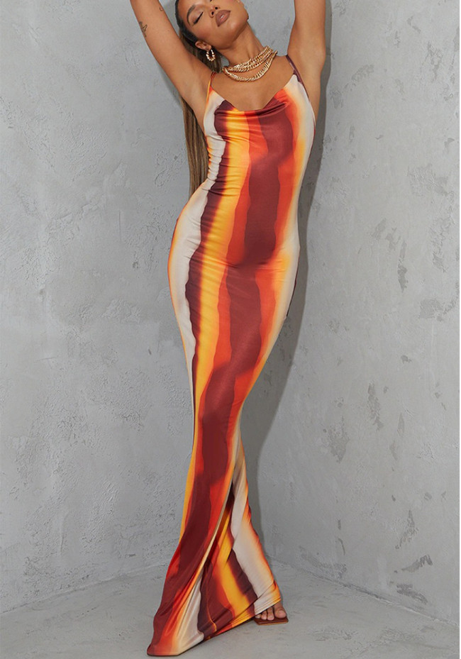 Fashion Contrast Color Print Straps Maxi Dress