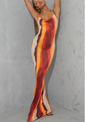 Fashion Contrast Color Print Straps Maxi Dress