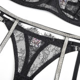 Erotic Lace See Through Rhinestone Thong Garter Lingerie Set