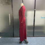 Solid Sexy Slit V Neck Long Sleeve Slim Ruched Maxi Dress