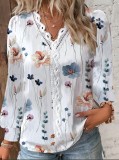 Print Floral Lace Trim Long-sleeve V-neck Shirt