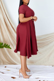 Wine Red Pleated Short Sleeve A-Line Dress
