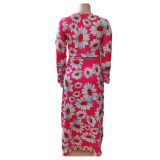 Plus Size Floral Print 2PCS Set V neck Long Sleeve Crop Top and Split Long Skirt