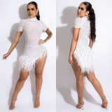 Sexy Mesh Beaded Short Sleeve Feather Trim Irregular Club Dress