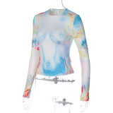 Printed Slim Fit Round Neck Long Sleeve Fashion Top