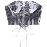 Sexy Strapless Metallic PU Leather Lace-Up Corset Top