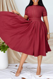 Wine Red Pleated Short Sleeve A-Line Dress