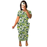 Ladie Round Neck Side Pocket Short Sleeve Slim Print Maxi Dress