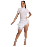 Sexy Mesh Beaded Short Sleeve Feather Trim Irregular Club Dress