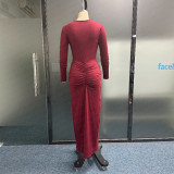 Solid Sexy Slit V Neck Long Sleeve Slim Ruched Maxi Dress