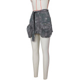 Vintage Camo Slim Waist Pocket Cargo Skirt with Belt