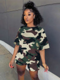Round Neck Camo Loose Casual Two Piece Shorts Set