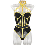 Mesh Patchwork Metal Trim Halter Neck Strappy Sexy lingerie set