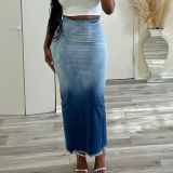 Stylish Slit Raw Hem Long Denim Skirt