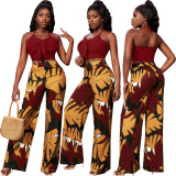 Sexy Solid Halter Crop Top and Print Wide Leg Pants Two Piece Set