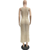 Sexy Hollow Out Solid Knitting Sleeveless Long Mermaid Dress