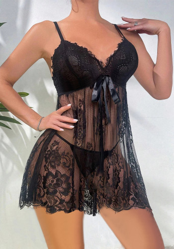 Black Sexy Lace See Through Babydoll Lingerie Set