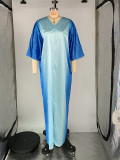 Gradient Print V-Neck Slit Front Long Loose Dress