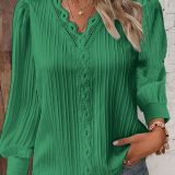 Solid Long Sleeve V Neck Lace Blouse