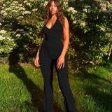 Sexy Deep-V Low Back Slim Ribbed Halter Flare Jumpsuit