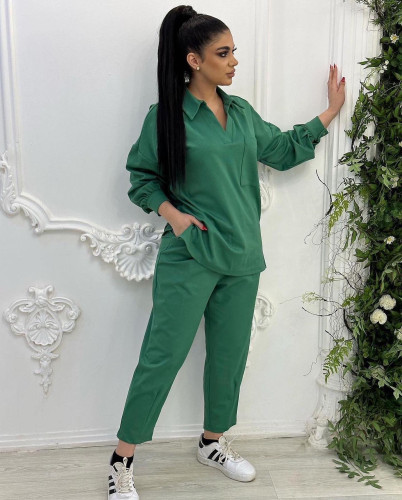 Casual Turndown Collar V-Neck Long Sleeve Shirt High Waist Side Pocket Pants Set