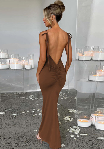 Sexy Backless Scrunch Butt Backless Solid Cami Maxi Dress