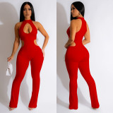 Solid Sexy Halter Sleeveless Cutout Fashion Jumpsuit