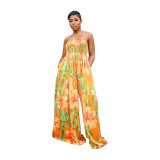 Floral Print Yellow Strapless Loose Wide Leg Jumpsuit