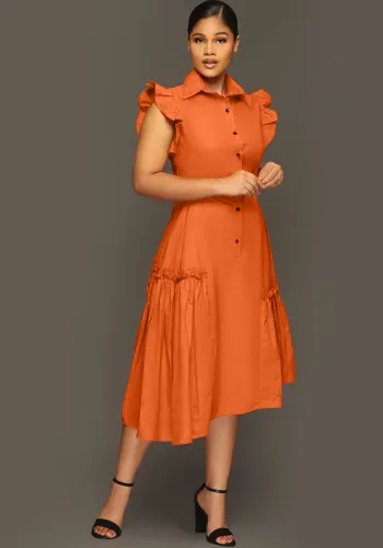 Trendy Turn Down Collar Ruffle Solid Irregular Hem Dress
