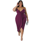 Plus Size Purple Straps Sleeveless V-Neck Ruched Long Dress